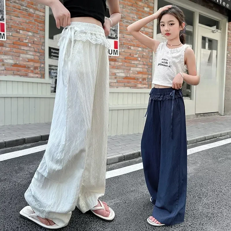 女童夏季直筒裤2025新款女大童蕾丝花边休闲裤儿童夏天百搭豆豆裤