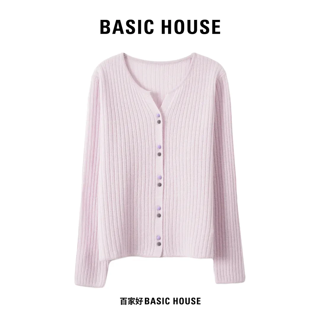 Basic House/百家好V领针织衫女2025秋季花纱纹理感开衫上衣女