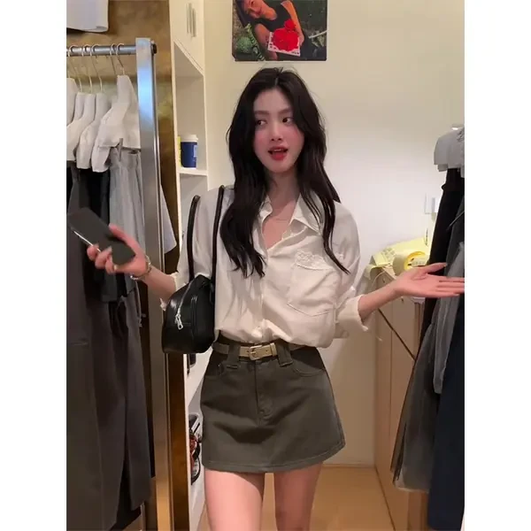 2025春季新款时尚百搭后背绑带设计感衬衣+显瘦半身裙两件套装女