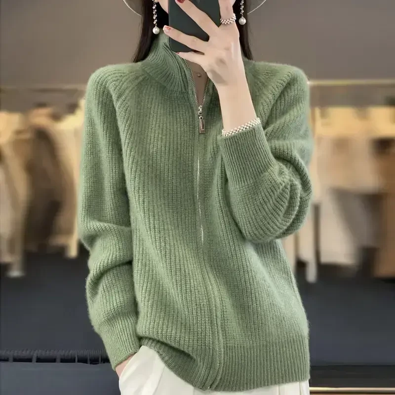 半高领加厚开衫针织衫100纯衫女宽松显瘦毛衣长袖纯色外套