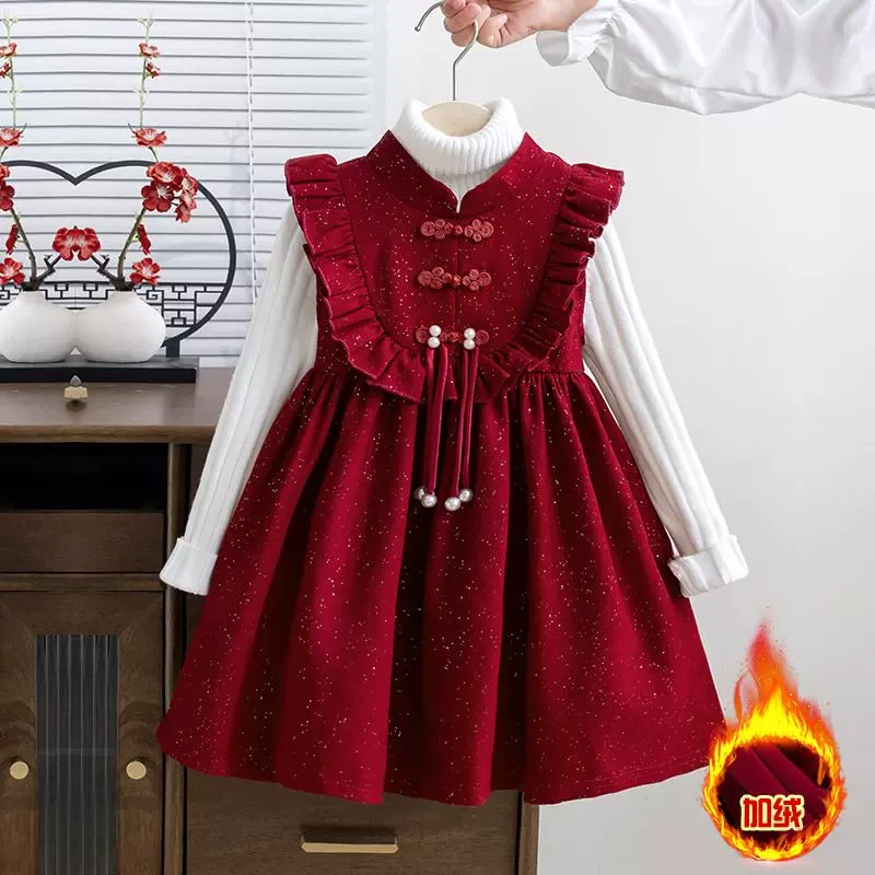 女宝宝冬季拜年服2025新款洋气女孩复古盘扣公主裙裙子女童秋冬