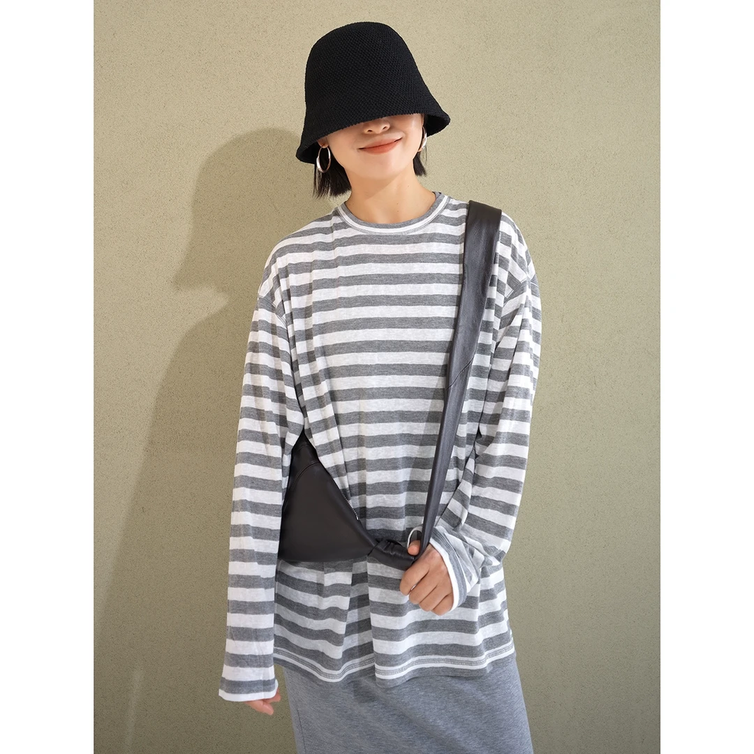 日本全亚麻 色织灰色条纹 干爽透气女圆领宽松长袖中长款T恤CF502