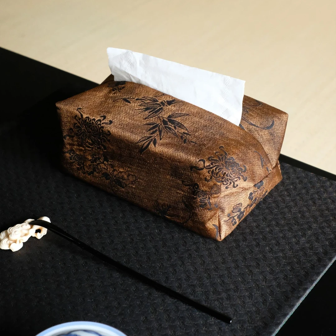 【斋居】<梅兰竹菊>香云纱抽纸袋 茶道零配（慢蓝S0738）