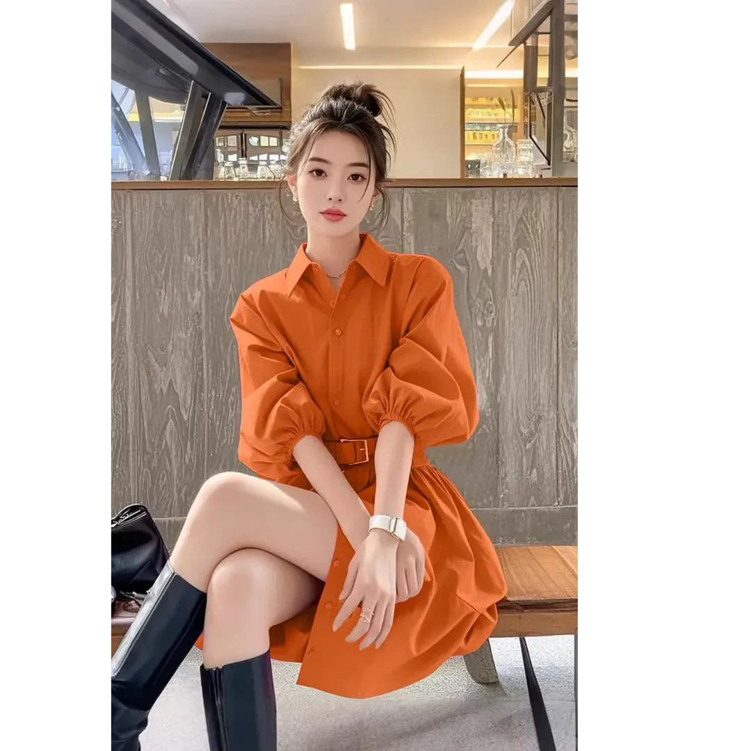 2025新款今年流行爆款裙子御姐高知穿搭绝美橙色收腰衬衫连衣裙女