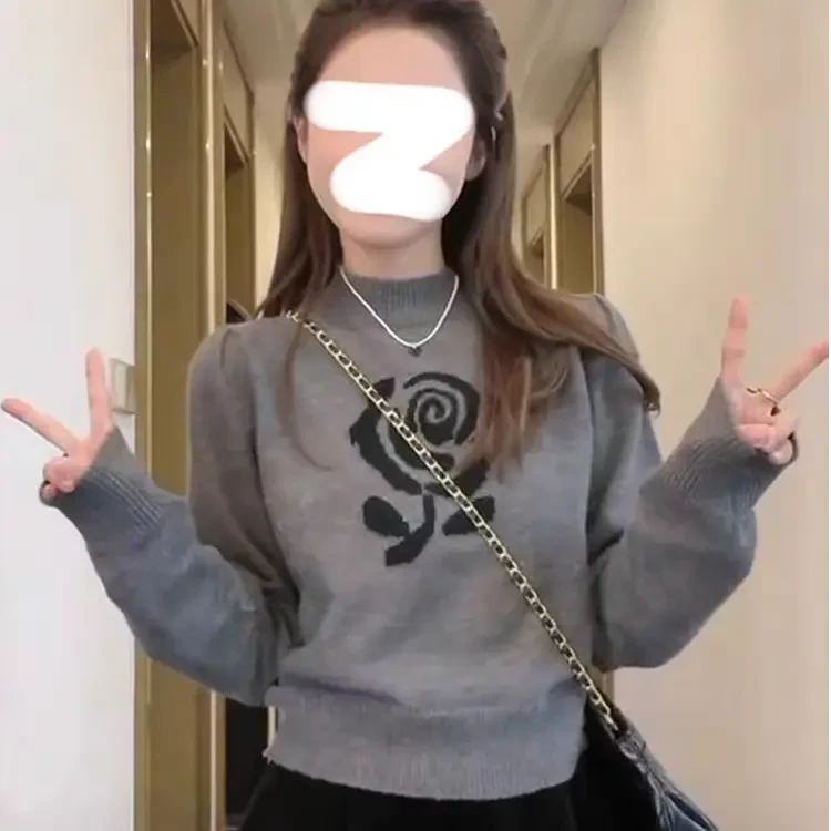 刺绣玫瑰提花半高领软糯毛衣女2025秋冬新款宽松显瘦针织衫上衣女