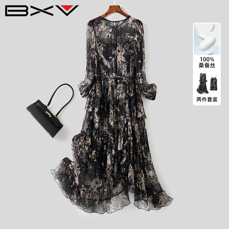 BXV黑色真丝连衣裙套装女2025夏季新款吊带内搭桑蚕丝长裙两件套