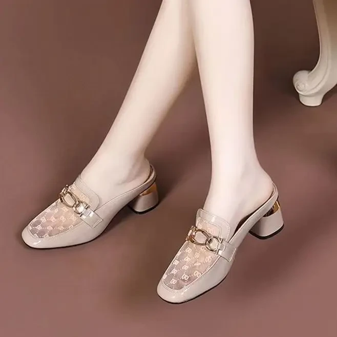 粗跟软皮凉拖鞋2025新款包头半拖鞋女夏外穿时尚低跟网纱半拖单鞋