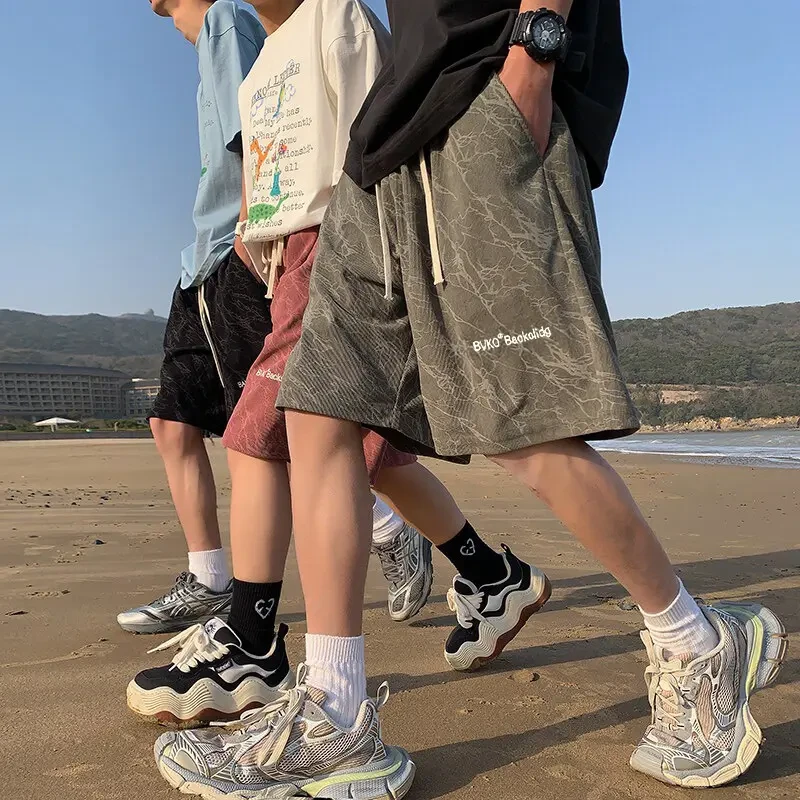 男青少年美式扎染速干短裤宽松休闲运动五分裤港风刺绣字母沙滩裤