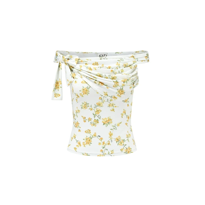 【ODTD】新品25盛夏胶囊不规则碎花抽皱绑带一字肩上衣女