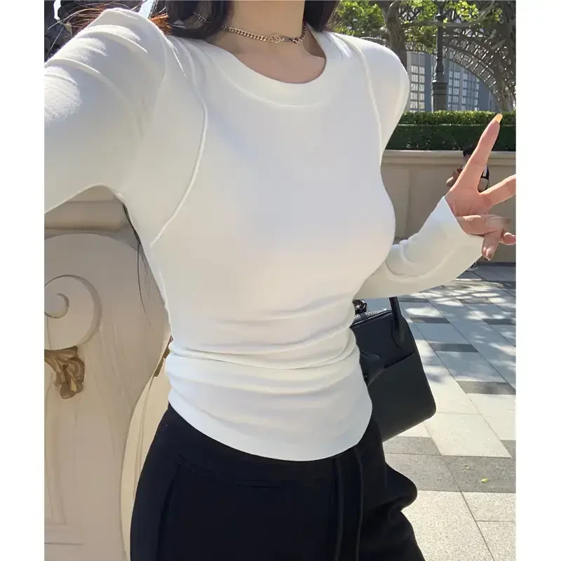 秋冬正肩保暖长袖内搭圆领磨毛打底衫女设计感防寒修身显瘦上衣潮