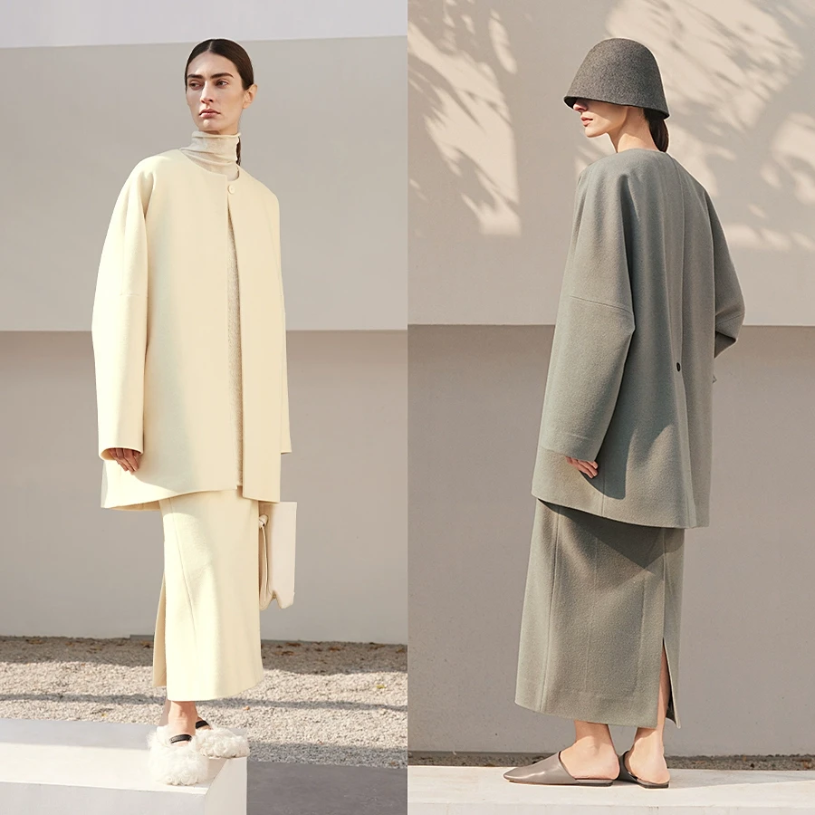 CHICJOC獨家立绒羊绒羊毛 松弛长长配_后开衩经典小廓形圆领大衣