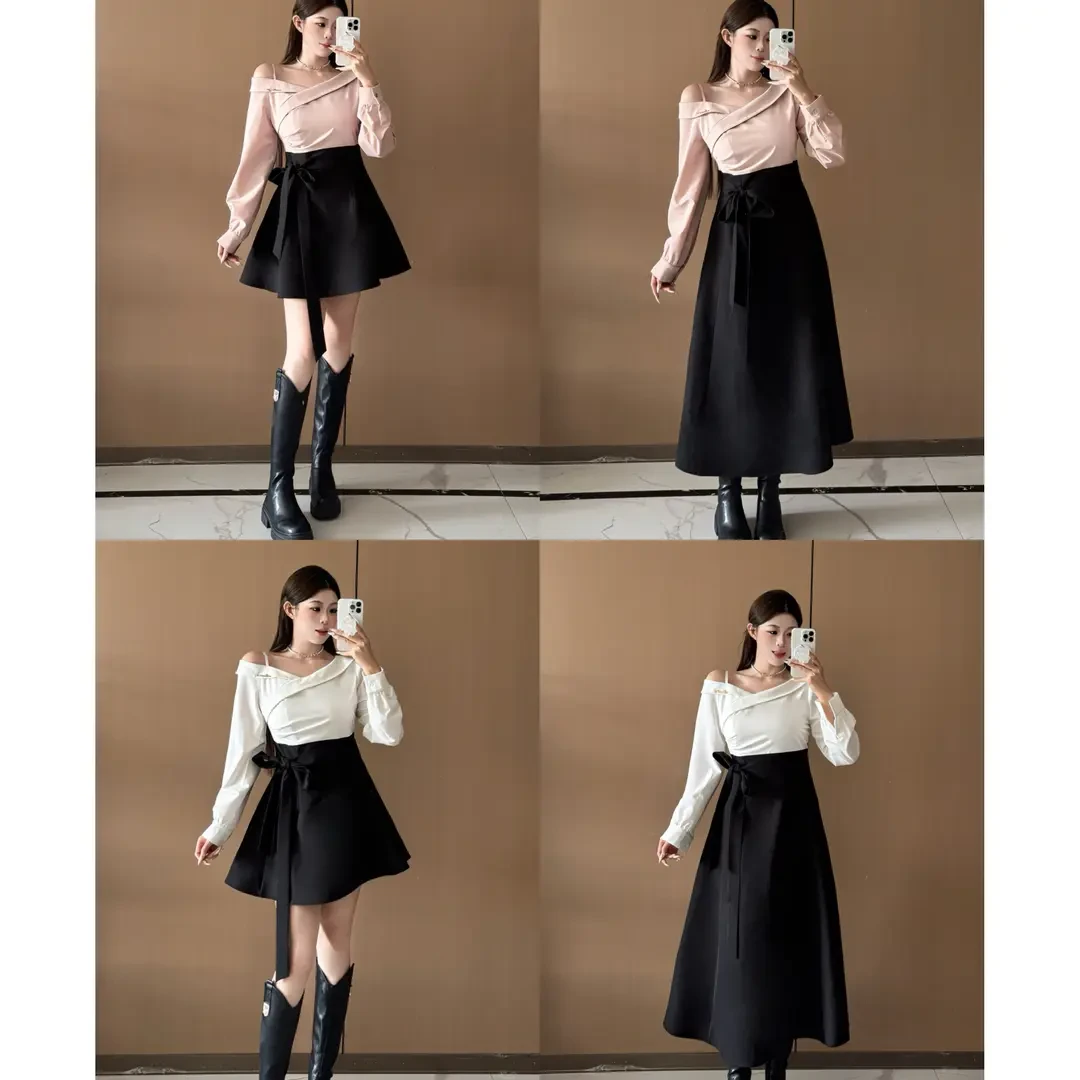 【赵露思许妍同款】假两件斜肩上衣高腰显瘦连衣裙子女装秋季新款潮