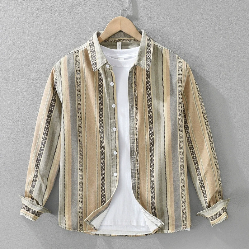 100棉！港风条纹长袖衬衫男士时尚百搭文艺休闲宽松上衣7618