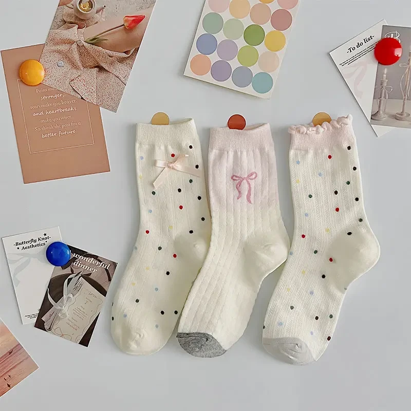 韩版潮袜欧若风穿搭卷边镂空薄款蝴蝶结拼色少女甜美日系中筒袜
