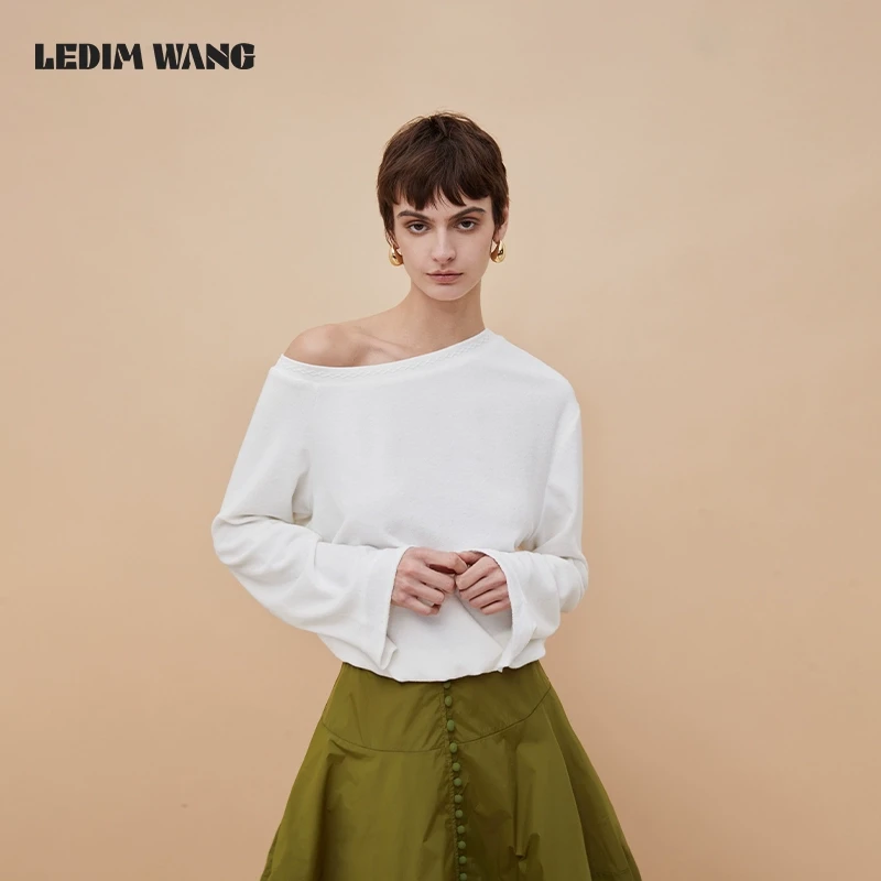 LEDIM WANG毛圈斜肩针织上衣女宽松长袖慵懒高级感不对称穿搭