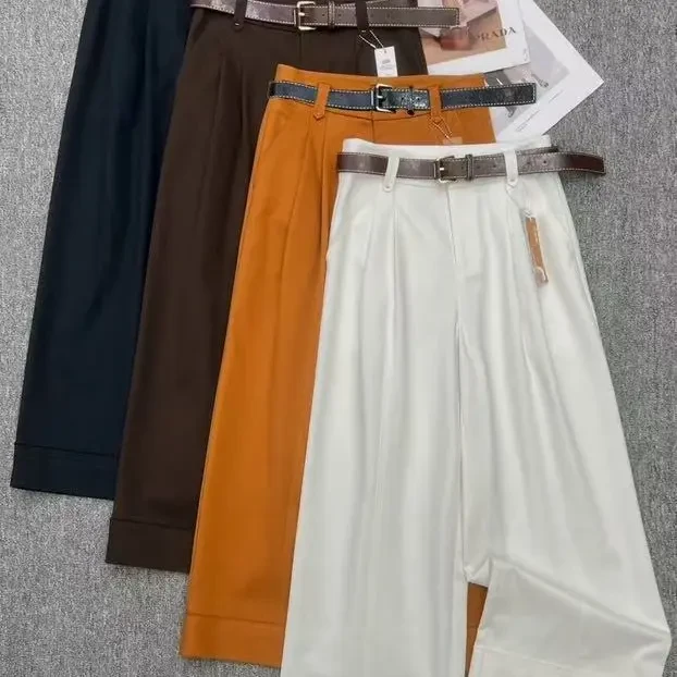 D50657腰带拼接直筒宽松高腰显瘦休闲百搭阔腿裤