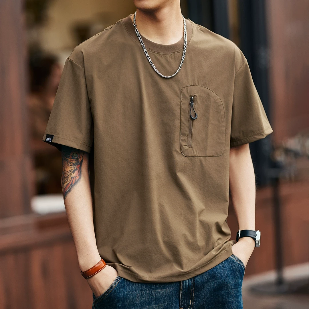 格蓝鹿高端复古冰丝凉感短袖T恤男夏季潮牌个性口袋宽松圆领体恤