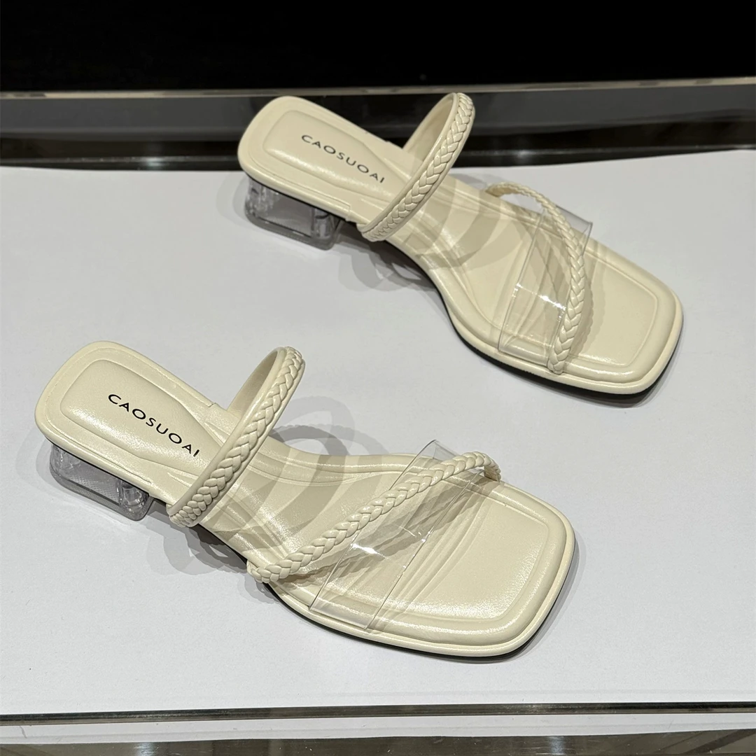 韩版水晶粗跟外穿洋气凉拖鞋女2025新款夏季中跟小众编织带一字拖