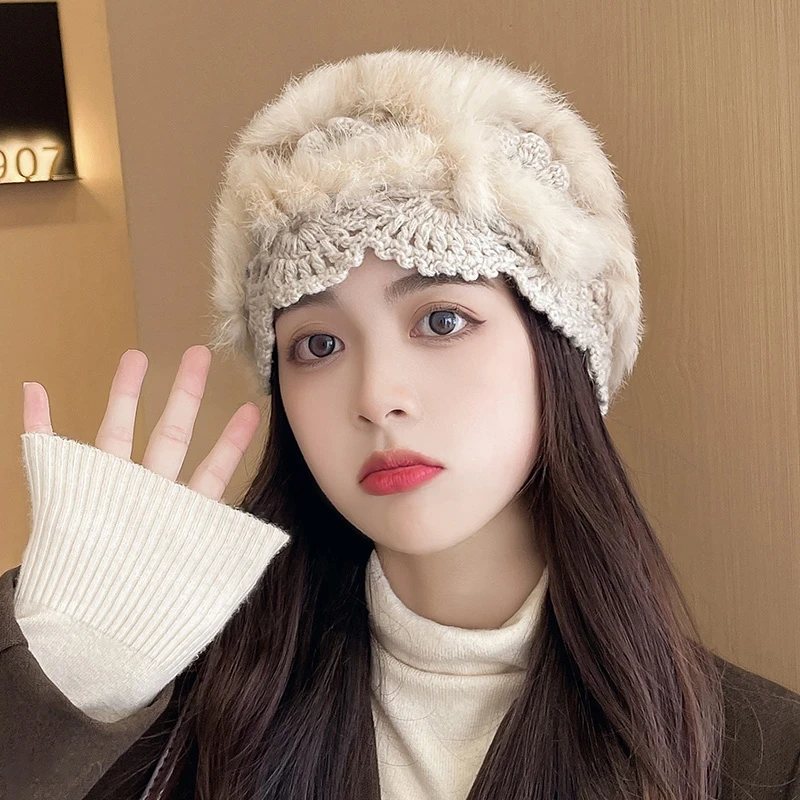 秋冬保暖手工钩针毛绒皮草针织毛线帽子女韩版可爱镂空花朵包头帽
