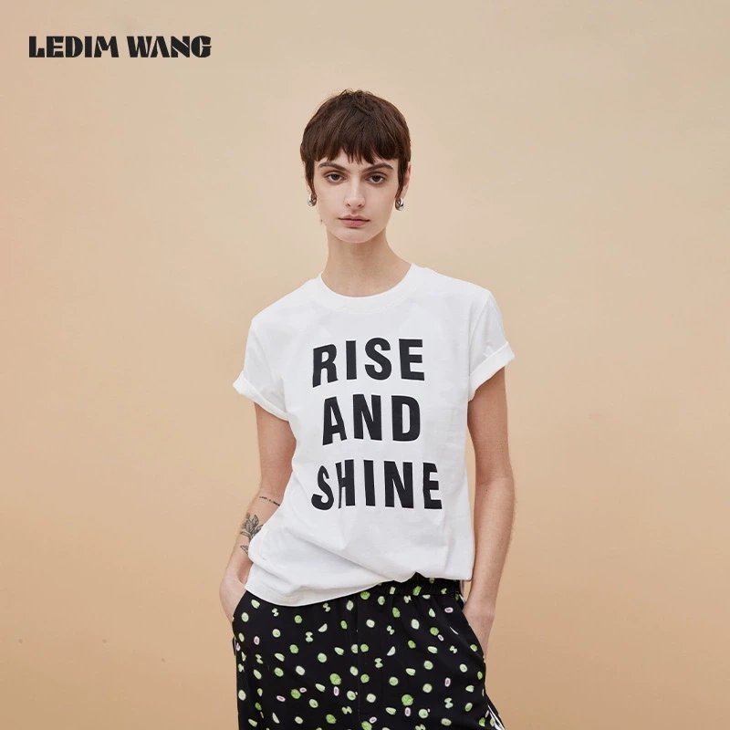 LEDIM WANG字母百搭双色印花T恤女休闲高级感基础款圆领白色短袖