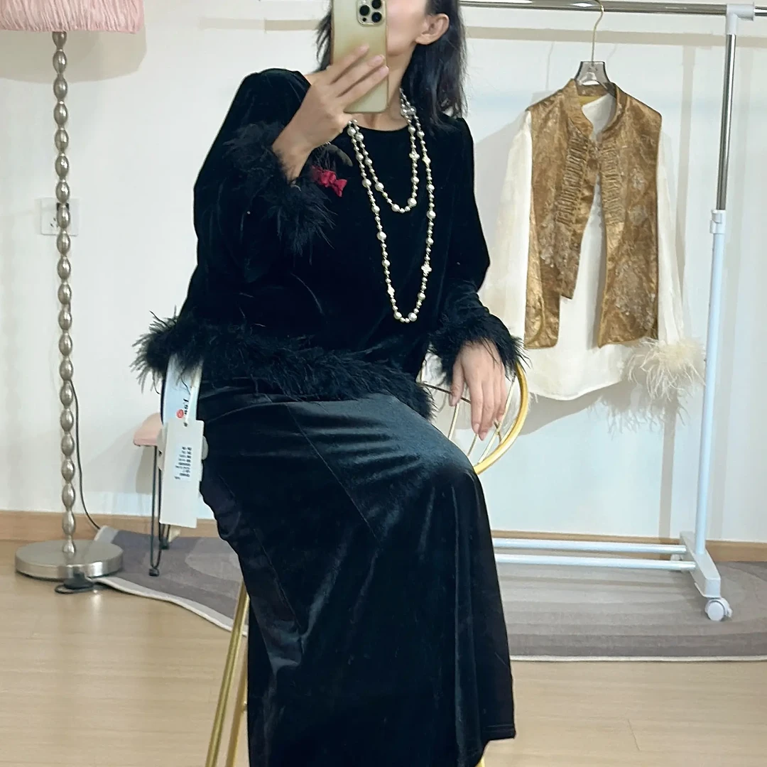 四季鸵鸟毛边圆领外套秋冬重工薄款短外套辣椒挂