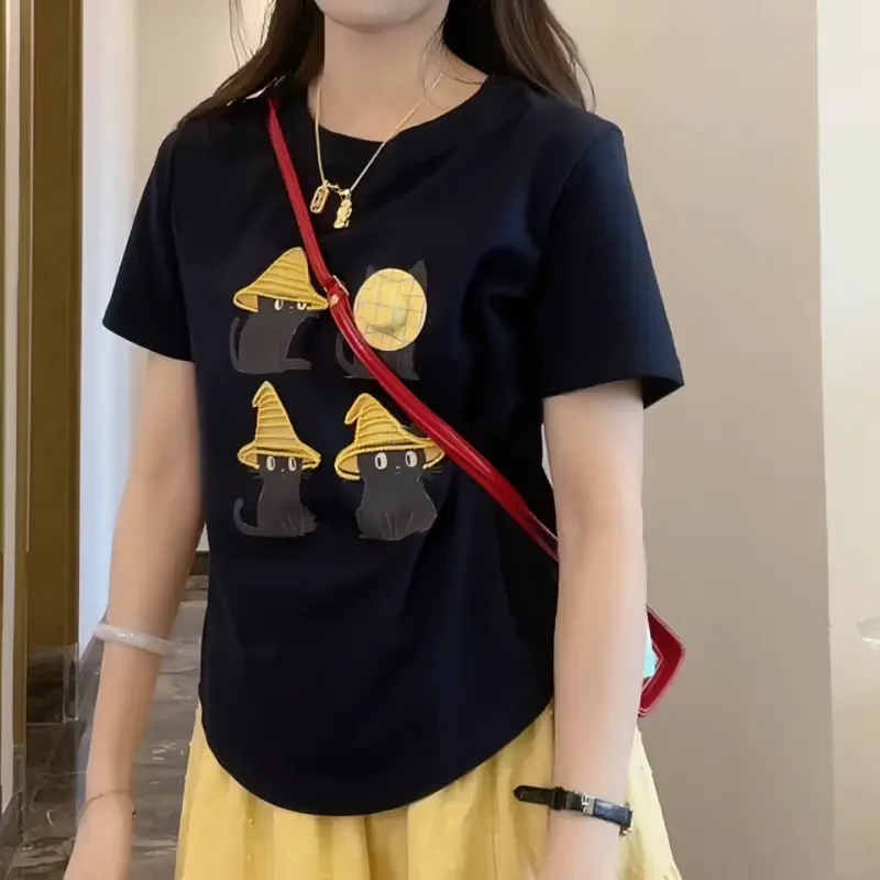 夏季新款可爱趣味猫咪洋气刺绣减龄恤女手工印花休闲ins小众显瘦