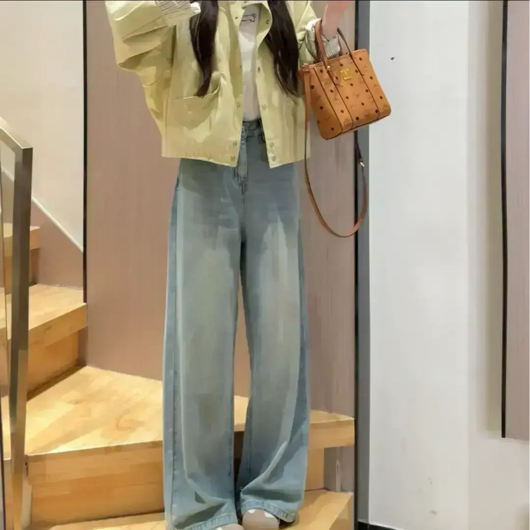 2025春夏季新款阔腿牛仔裤女高腰宽松显瘦小个子拖地窄版直筒裤