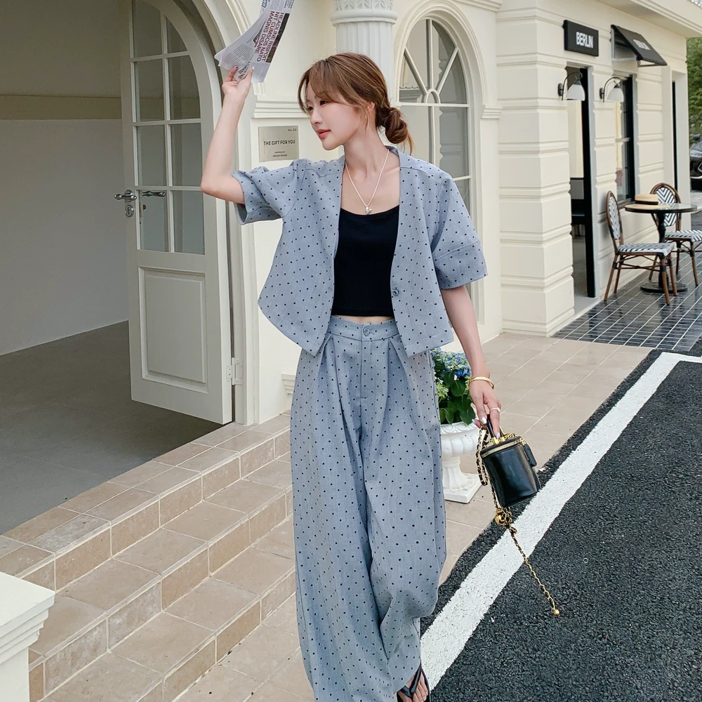 夏季新款韩版时尚气质波点短袖上衣高腰显瘦短袖两件套阔腿裤女潮