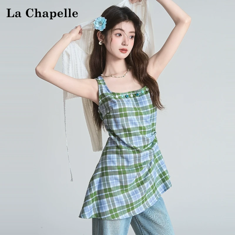 拉夏贝尔无袖吊带背心裙女夏季韩系格纹侧边扣设计感百搭收腰上衣