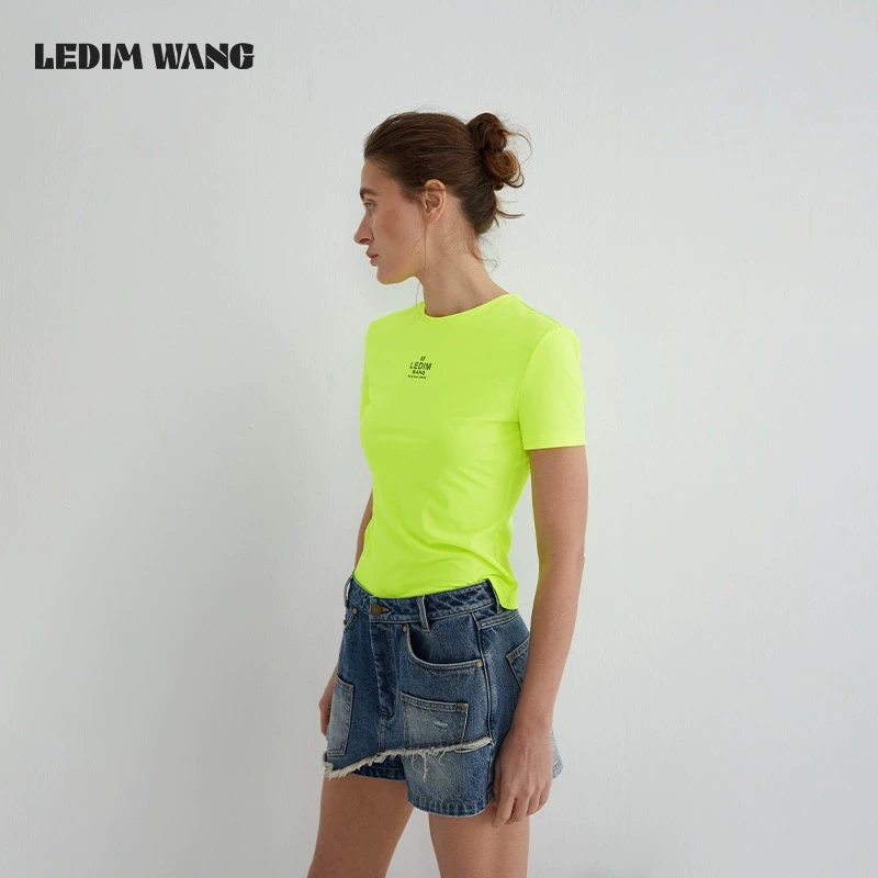 LEDIM WANG荧光色系修身短袖T恤女夏2025新款休闲百搭圆领上衣