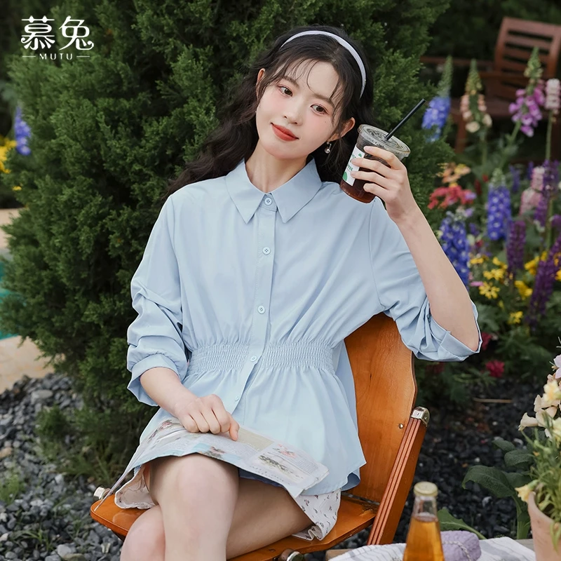 慕兔小个子法式气质收腰衬衫女2024夏季新款设计感小众泡泡袖上衣