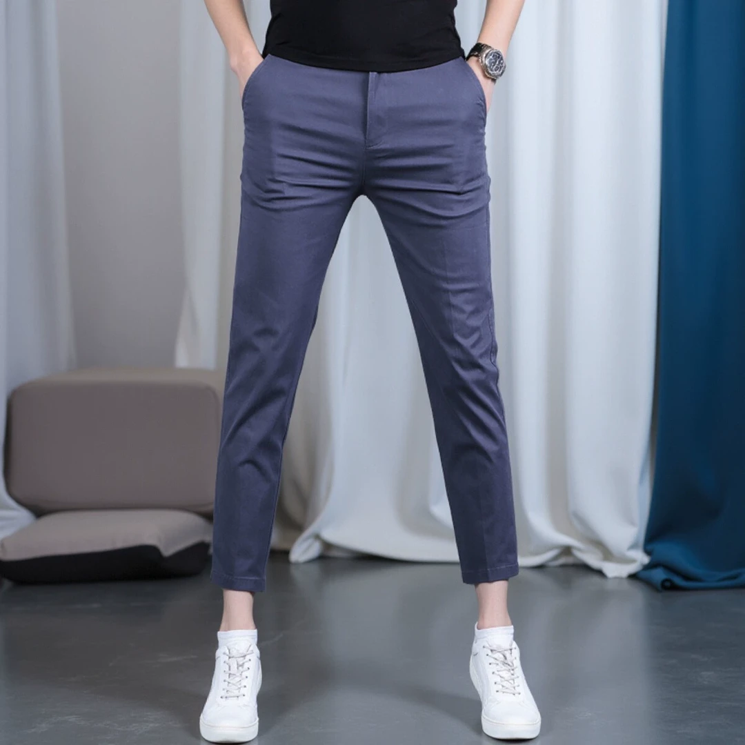 86高端透气九分休闲裤男士夏季薄款修身显瘦直筒男裤弹力八分裤