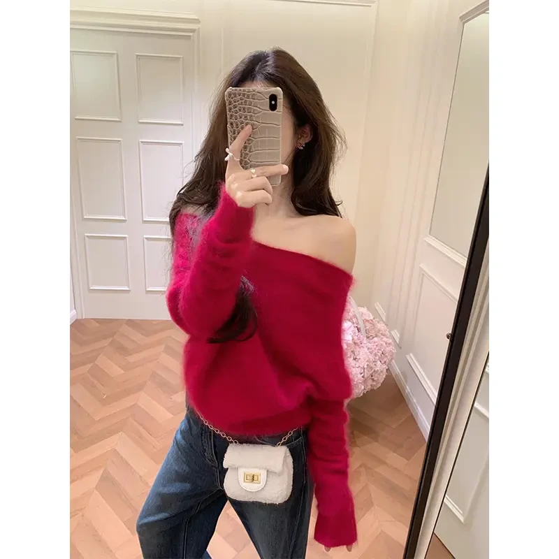 秋季新款韩系穿搭上衣一字肩针织毛衣宽松高腰垂感裤子秋冬穿搭