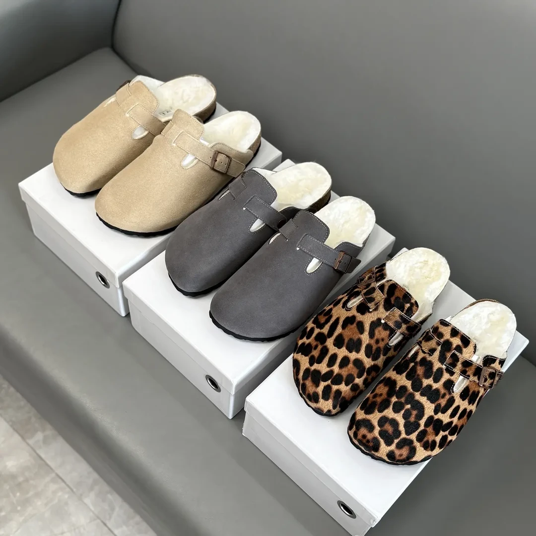 厚底勃肯半拖女秋冬季加绒毛毛鞋包头软底一脚蹬懒人外穿