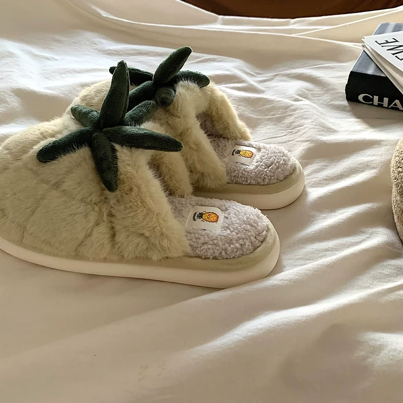 元气菠萝~可爱ins加绒保暖居家毛毛鞋女冬外穿学生室内防滑棉拖鞋