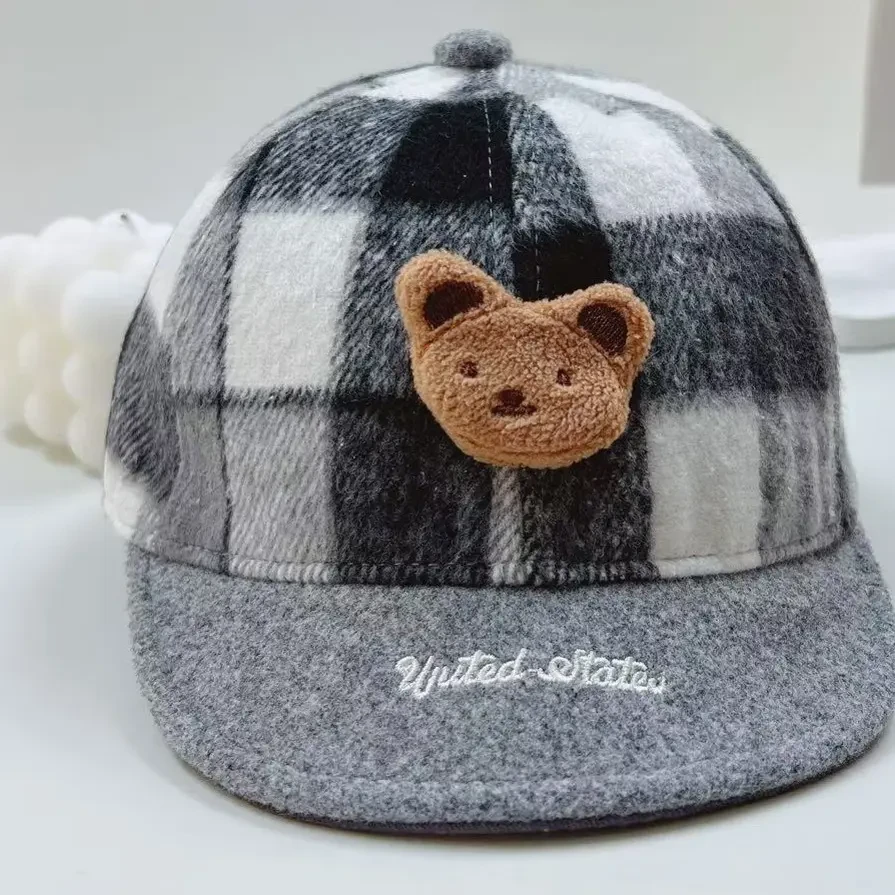 嘟嘟啦3831复古加厚格子宝宝小熊保暖棒球鸭舌帽子