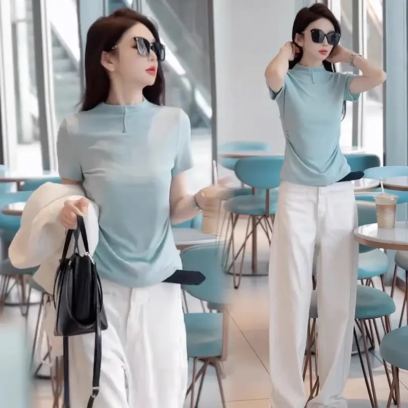 时尚休闲套装女2025春季新款洋气显瘦短袖上衣牛仔阔腿裤两件套潮