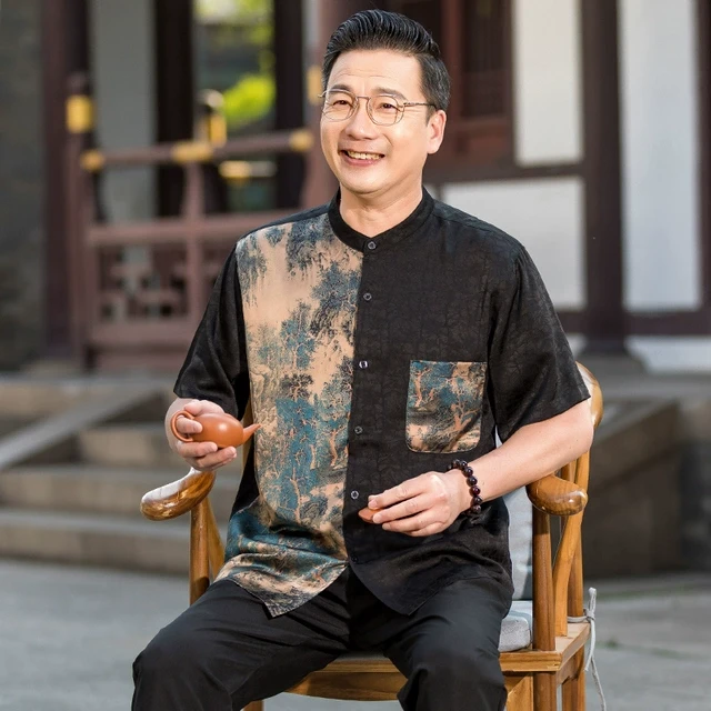 爸爸装夏装套装唐装男中老年老年人爷爷夏季短袖中式衣服新款70岁