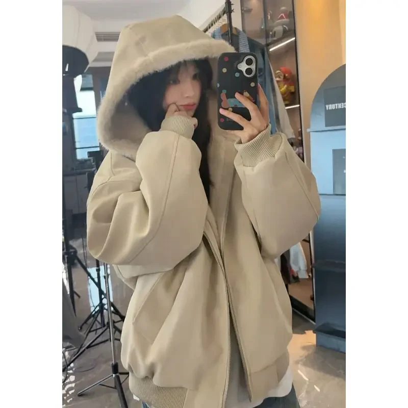 美式复古座山雕pu皮衣外套男女冬季加绒加厚毛领连帽短款棉衣夹克