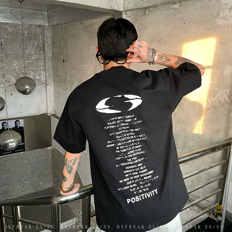 OXFREAK 「斑驳飞盘字母印花」做旧复古纯棉重磅短袖t恤男五分袖