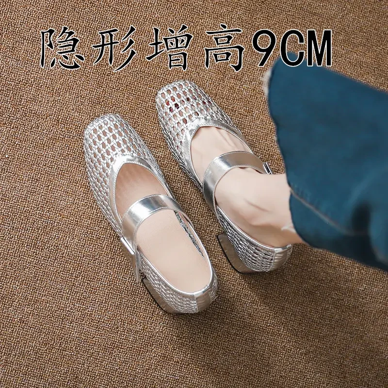 羊皮版~法式晚晚风粗跟单鞋女内增高编织镂空高跟玛丽珍单鞋女