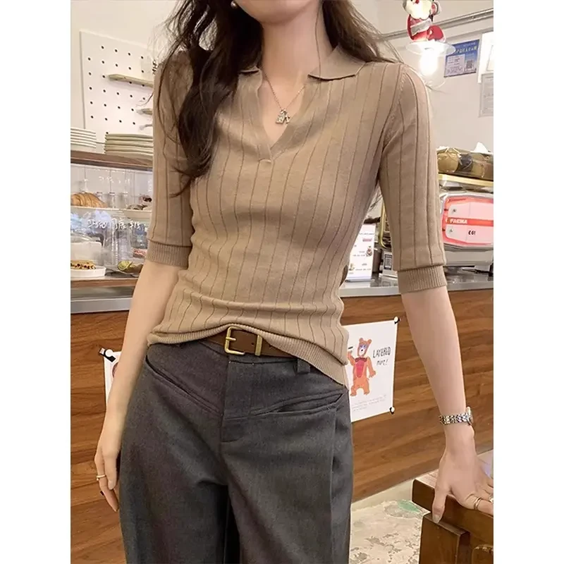 法式老钱风v领中袖针织衫女系带t恤夏修身显瘦Polo翻领上衣