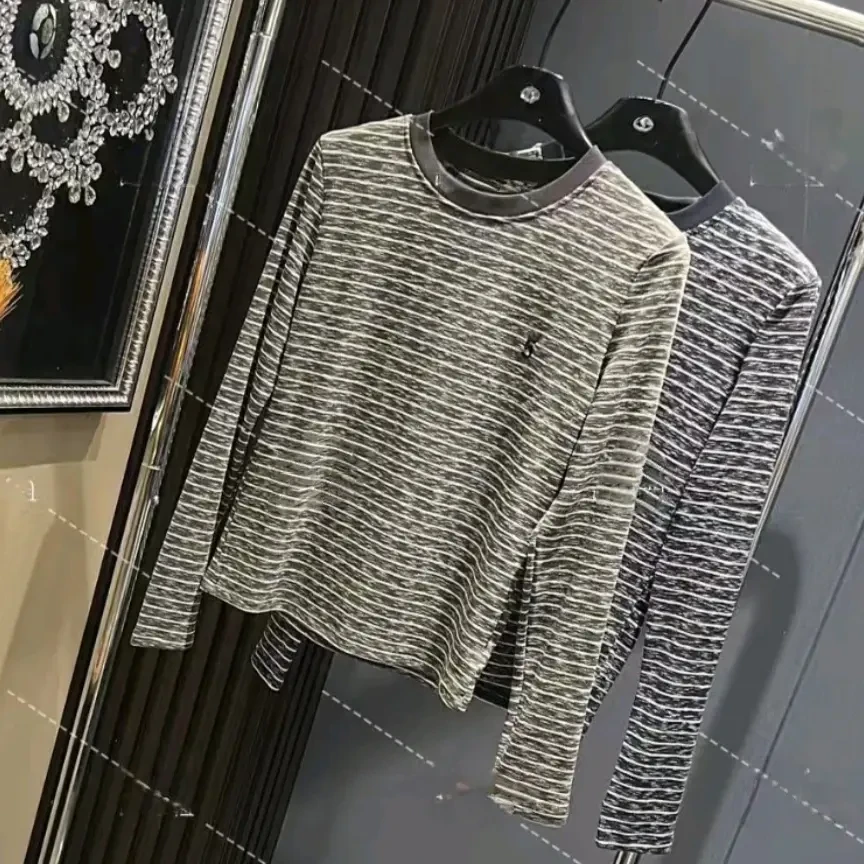 欧货韩系高级抗起球条纹女撞色条纹长袖T恤圆领百搭打底衫通勤风