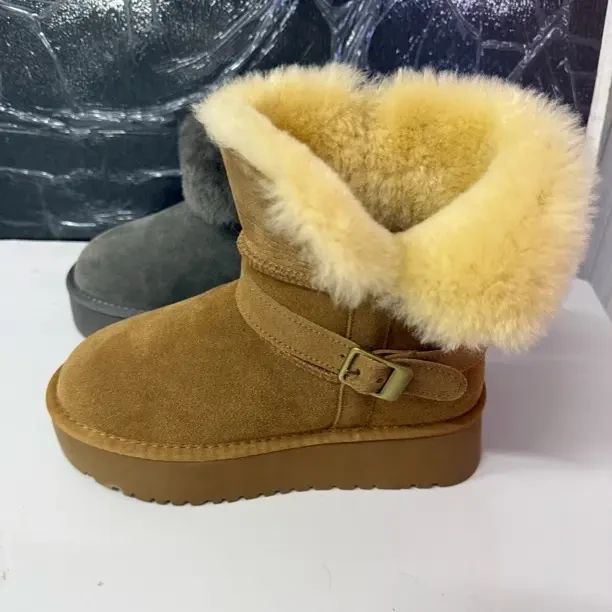 厚底叠穿皮毛一体中筒雪地靴女2025新款冬季加绒加厚保暖东北棉鞋