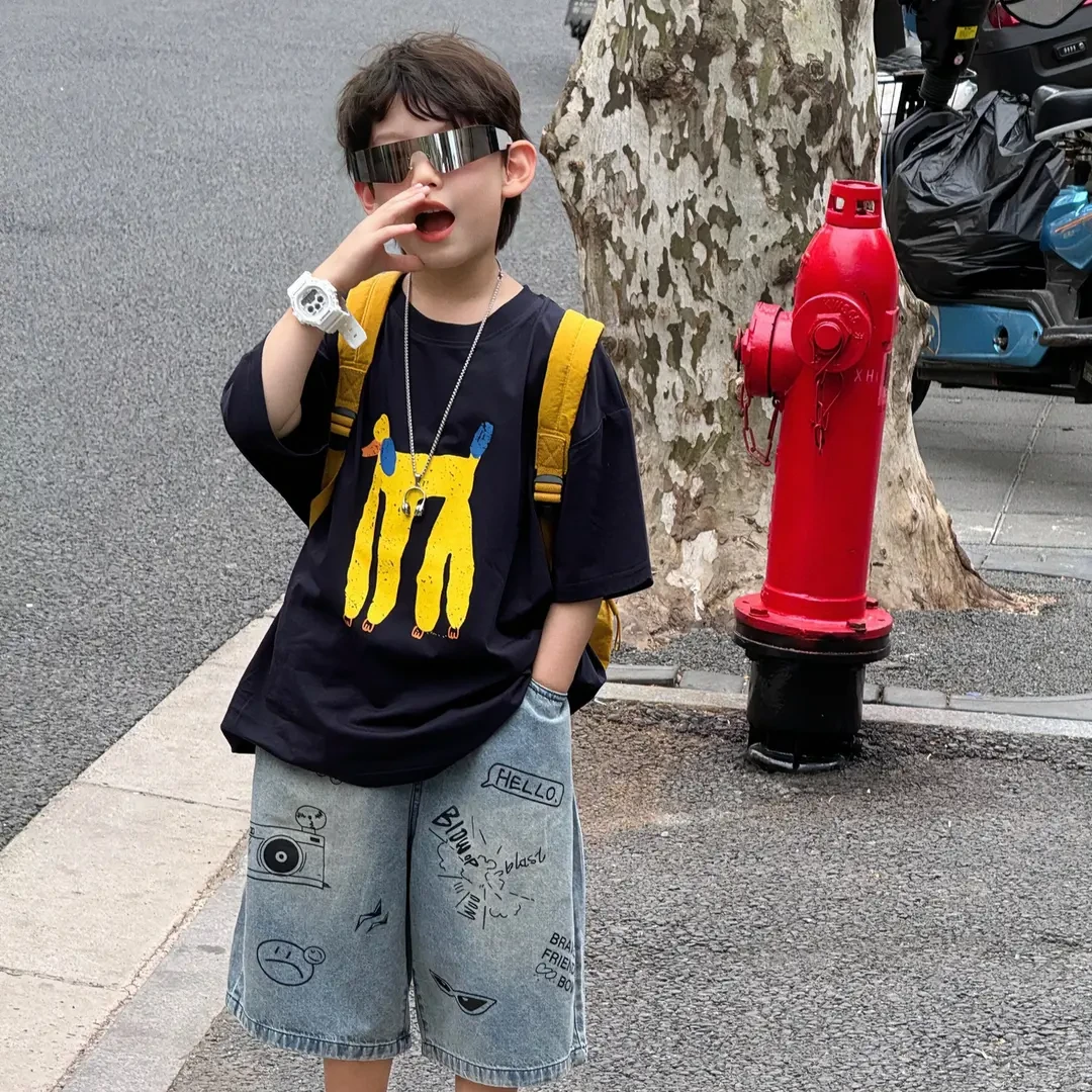 2025夏季新款儿童韩版卡通短袖T恤男童宝宝时尚趣味洋气套装