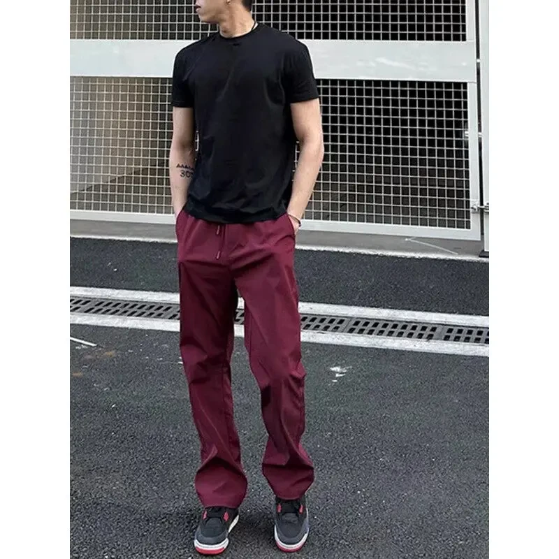 潮牌酒红色速干冰丝西裤男款夏季薄款抽绳直筒显瘦裤子凉感休闲裤