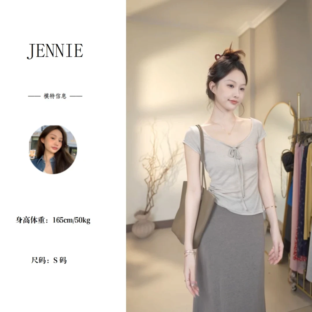 设计感系带领口夏季薄款T恤百搭U领正肩收腰修身气质柔软上衣