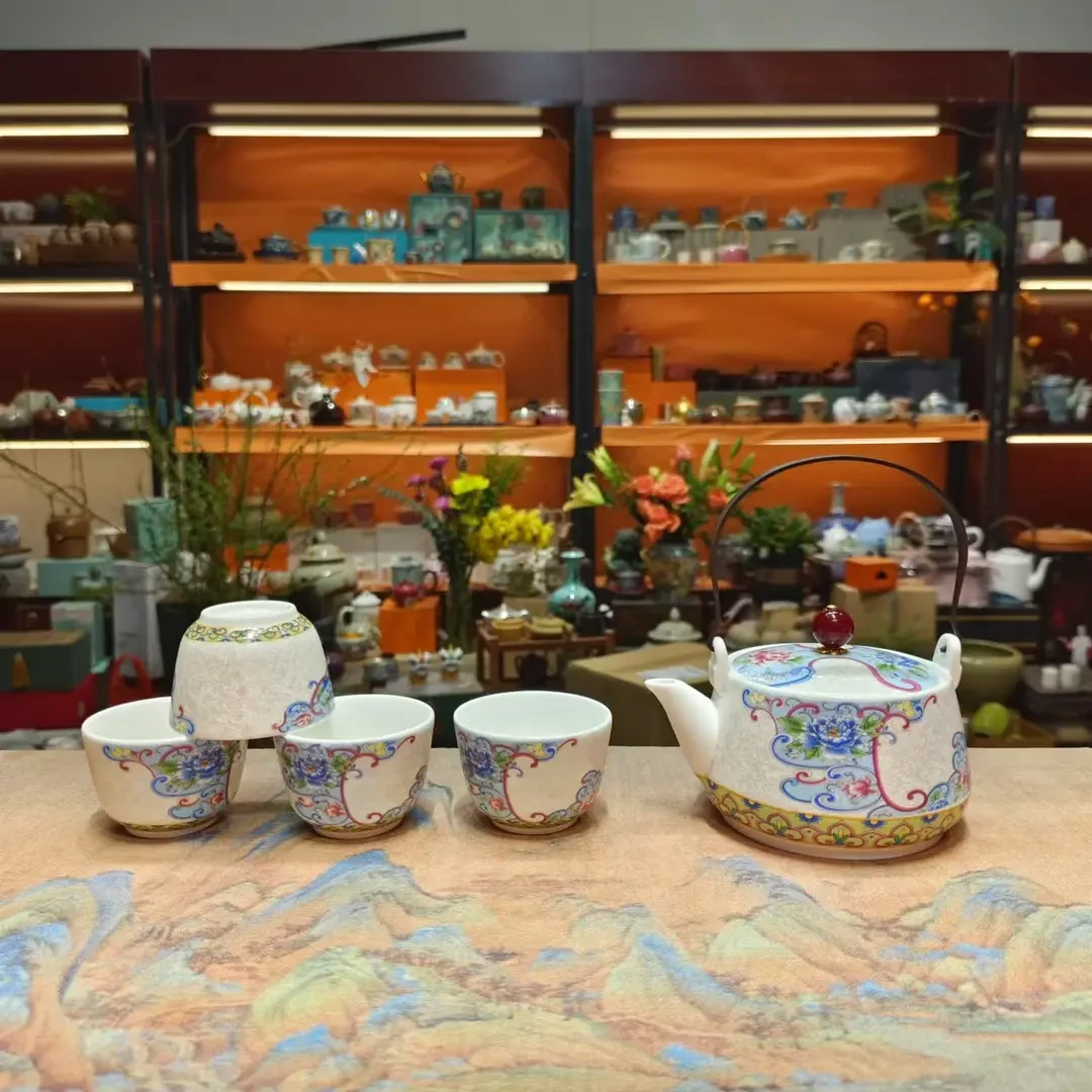 一鸣 羊脂玉瓷掐丝牡丹提梁壶一壶四杯小套装家用功夫茶具套-2285