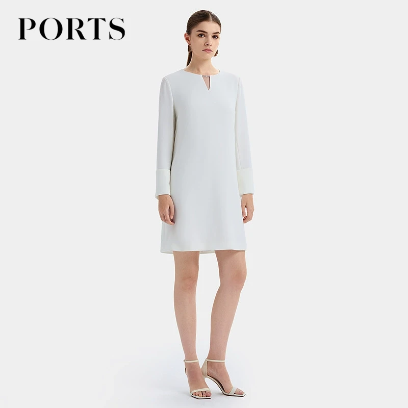 PORTS宝姿女装春夏新款优雅奶白色锆石领链装饰三醋酸连衣裙