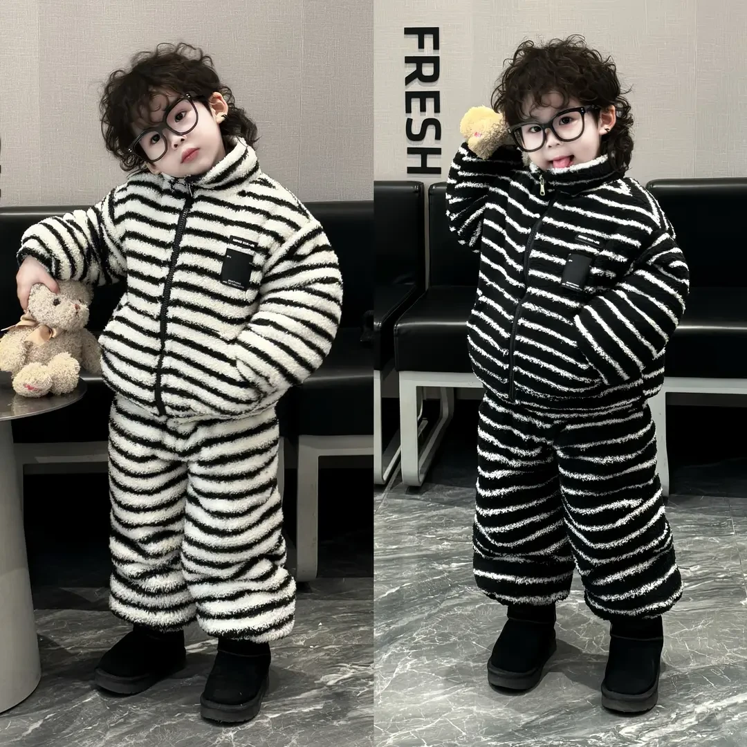 儿童冬季新款韩版男女童时尚百搭加绒加厚条纹家居套装洋气保暖
